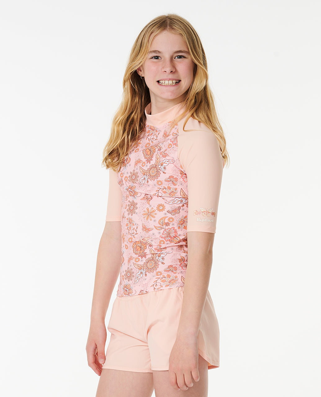 Sun Catcher Short Sleeve Girls Rash Vest - Peach
