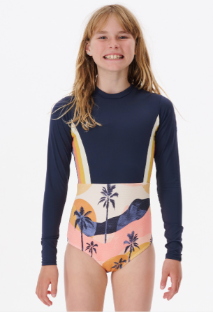 Melting Waves Long Sleeve Girls Surf Suit - Navy