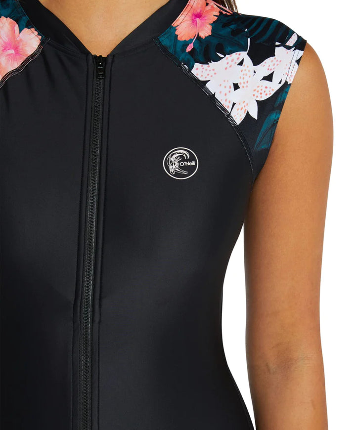 Bahia Lycra Front Zip Surfsuit - Black Hibiscus