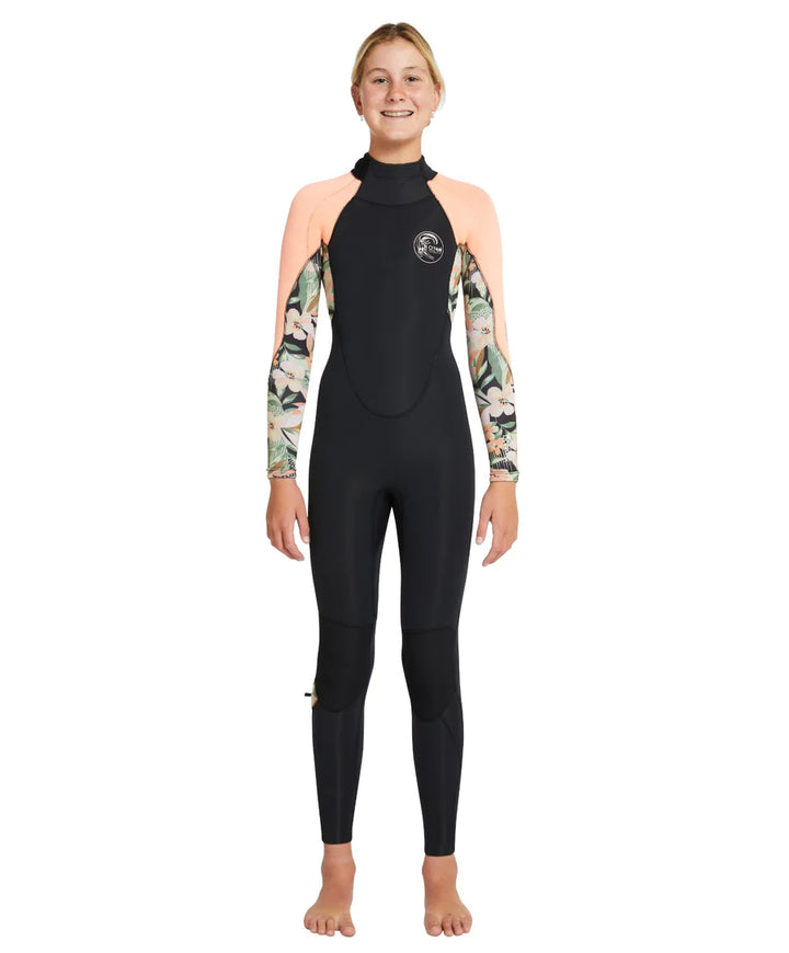 Girls Bahia 3/2 Back Zip Steamer Kids Wetsuit - Black Wild Papaya