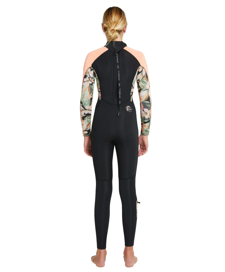 Girls Bahia 3/2 Back Zip Steamer Kids Wetsuit - Black Wild Papaya