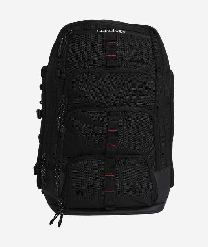 Black backpack with red accents on a white background