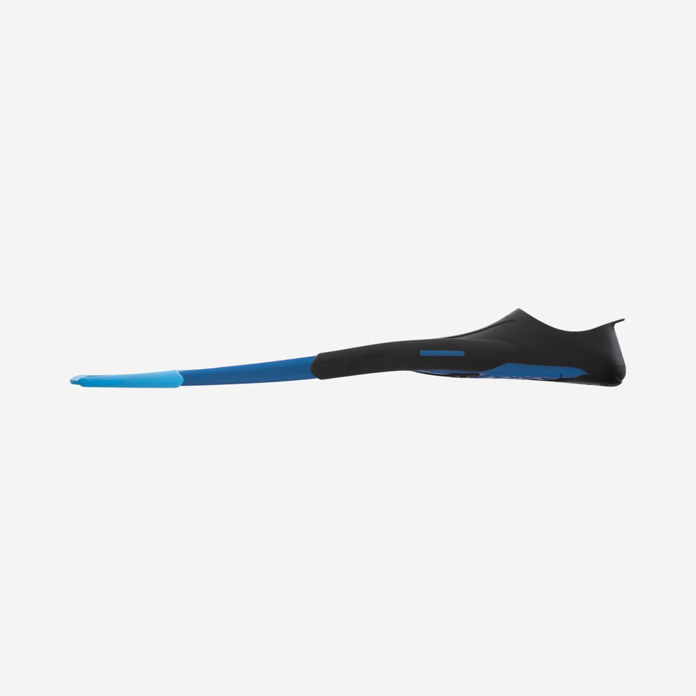 A single diving fin shown in profile against a light gray background. The fin features a black upper section, a blue midsection, and a light blue pointed tail.