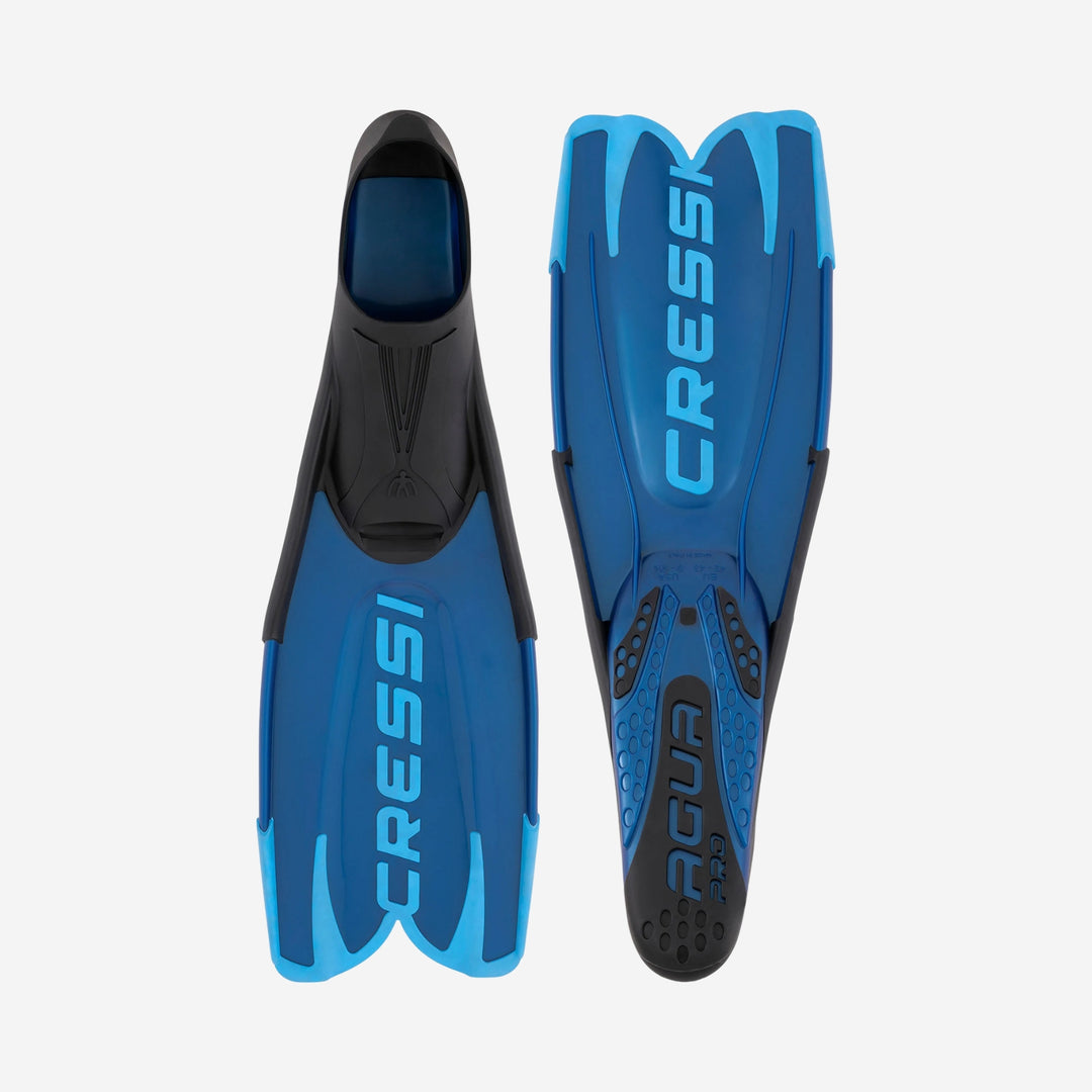 A pair of Cressi Aqua diving fins in blue and black, shown from both the front and back views against a light gray background.
