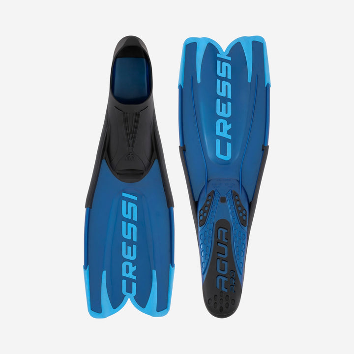 A pair of Cressi Aqua diving fins in blue and black, shown from both the front and back views against a light gray background.