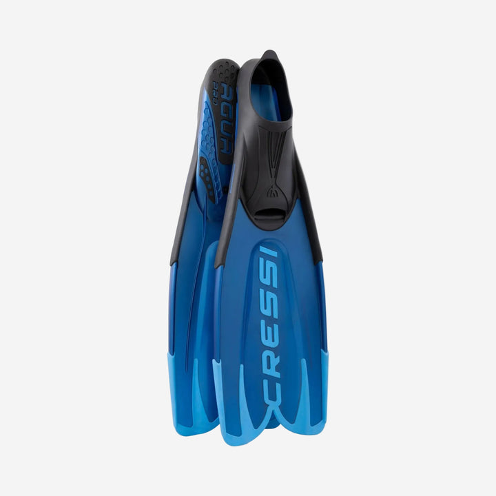 A pair of blue and black Cressi snorkeling or diving fins, shown from a top-down view against a light gray background.