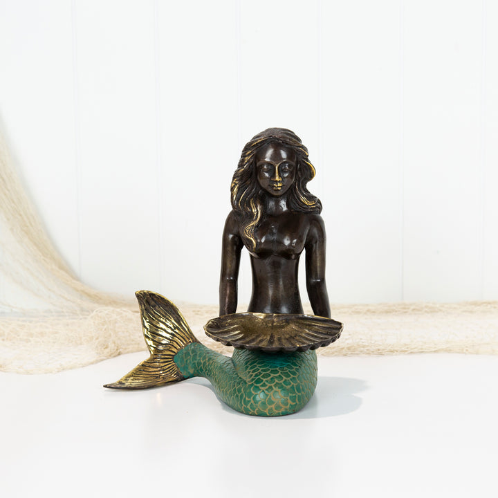 Brass Mermaid Stand sitting with shell tray