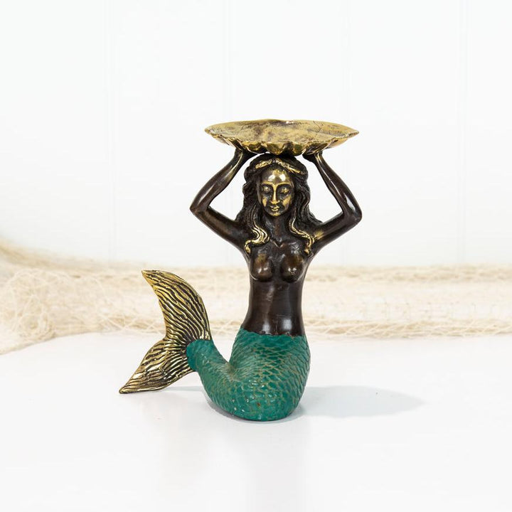 Brass Mermaid Seated with Green Tail