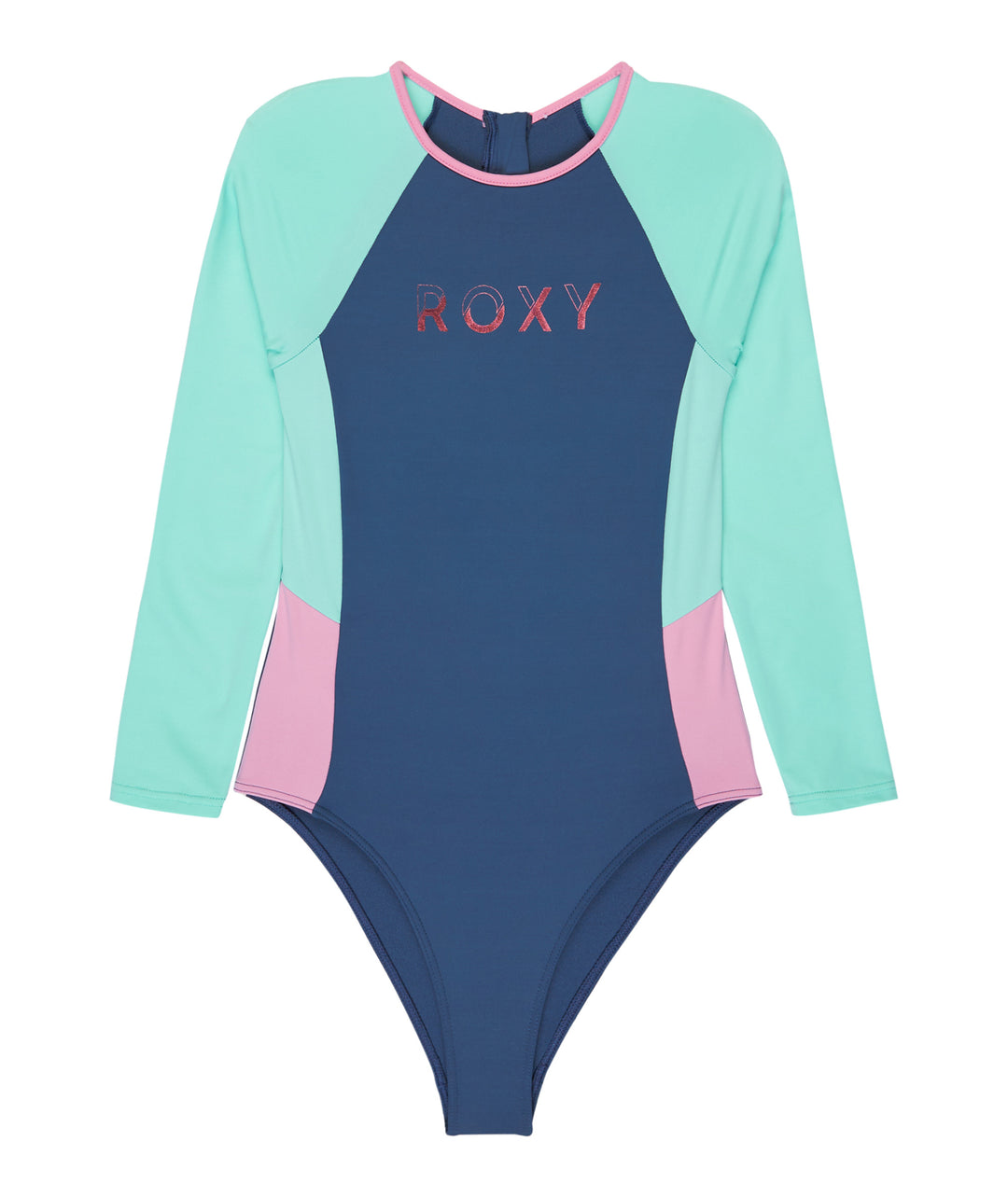 Girls Colourblock Back Zip Long Sleeve Kids Onesie Swimsuit