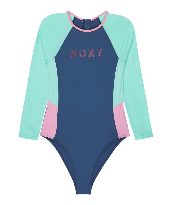 Girls Colourblock Back Zip Long Sleeve Kids Onesie Swimsuit