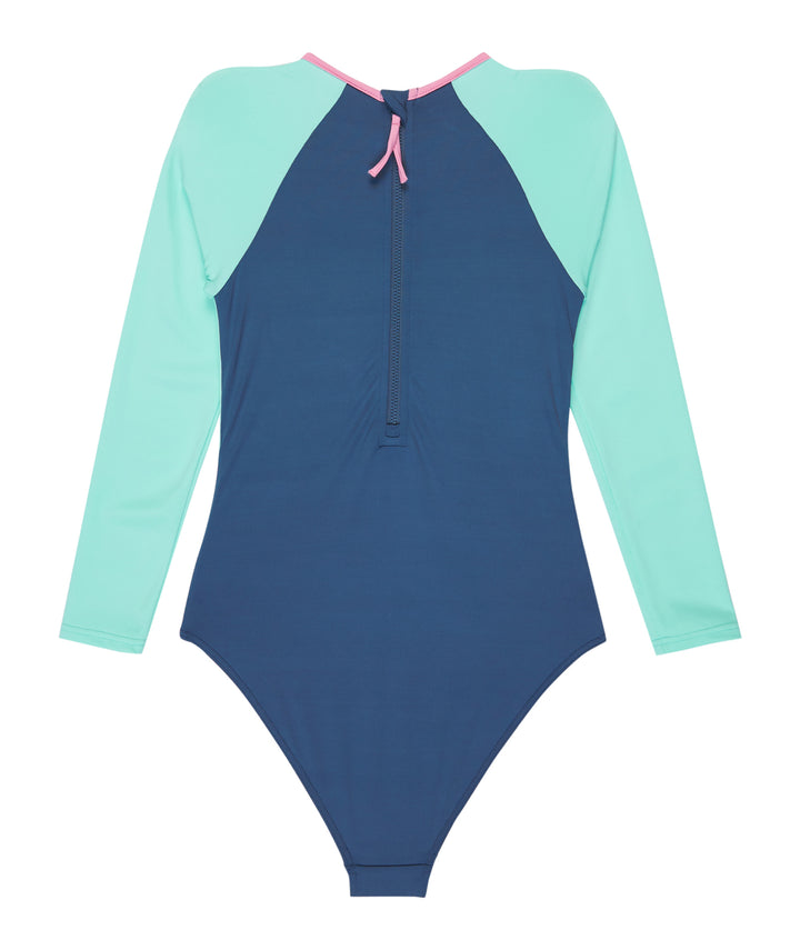 Girls Colourblock Back Zip Long Sleeve Kids Onesie Swimsuit