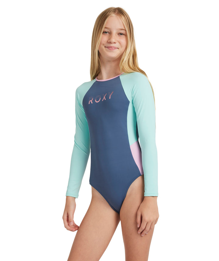 Girls Colourblock Back Zip Long Sleeve Kids Onesie Swimsuit
