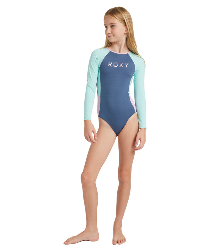 Girls Colourblock Back Zip Long Sleeve Kids Onesie Swimsuit
