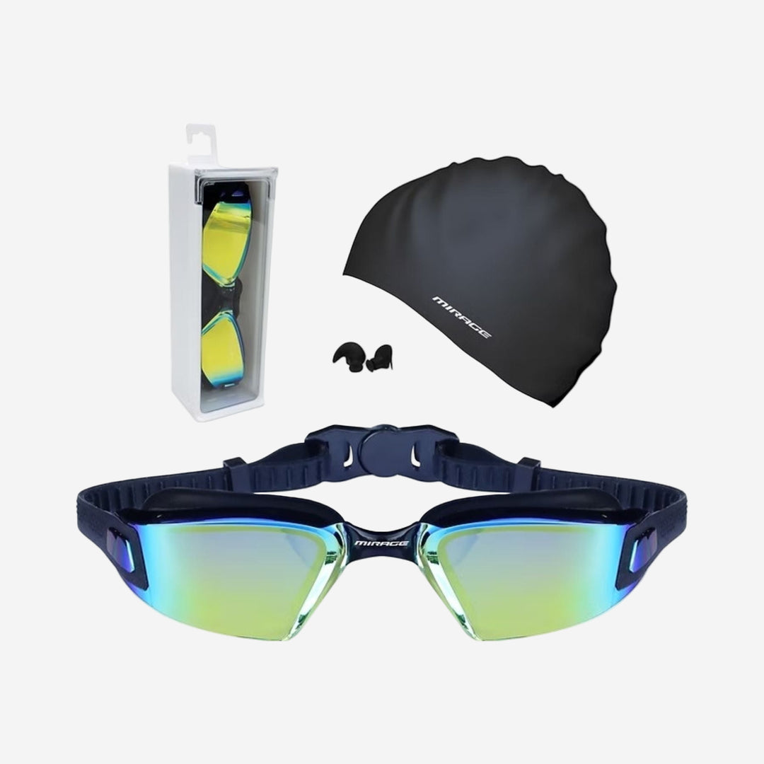 Swimming goggles with blue and green gradient lenses, black swim cap, and earplugs on a white background.