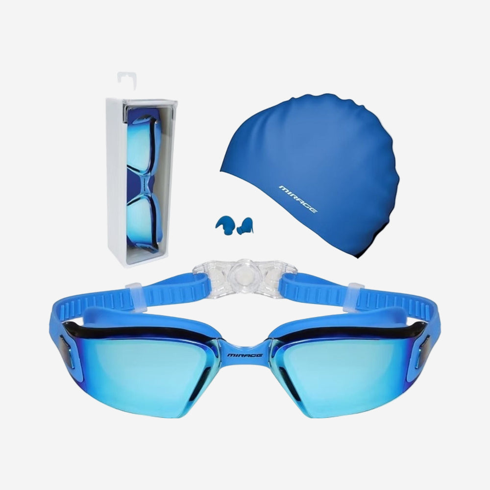 Blue swim goggles, cap, and earplugs on a white background