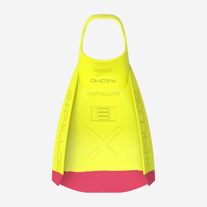 Yellow and pink diving fin with branding on a white background