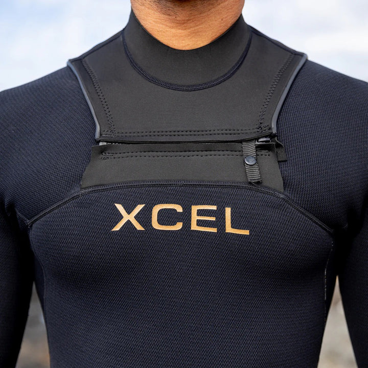 Person wearing a black XCEL wetsuit with a blurred background