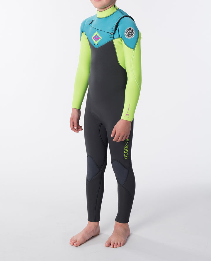 Youth Dawn Patrol 3/2 Chest Zip Steamer Wetsuit - Charcoal/Fluro Lime